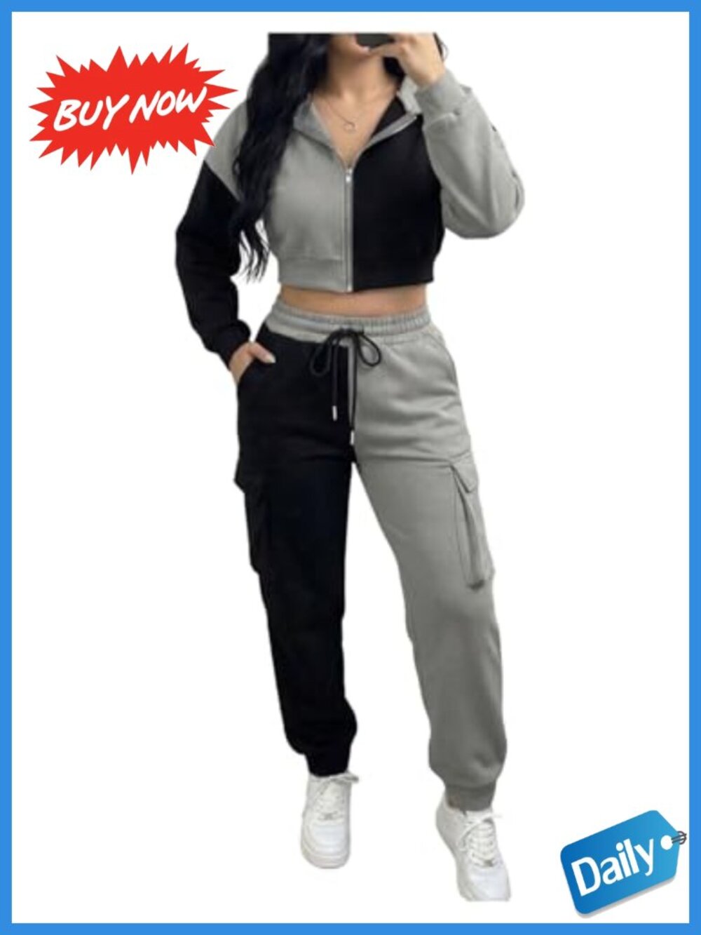 Women's Two Piece Jogger Set Zip Up Crop Hoodie Cargo Pants Tracksuit